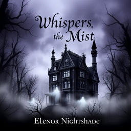 A chilling book cover design for 'Whispers in the Mist' by Eleanor Nightshade, featuring a dark, atmospheric scene of a gothic mansion shrouded in fog