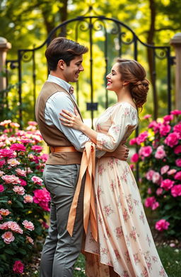A cute and happy forbidden romance scene set in the Victorian era, featuring a handsome young man and a charming young woman