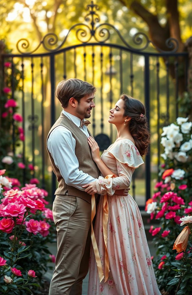 A cute and happy forbidden romance scene set in the Victorian era, featuring a handsome young man and a charming young woman