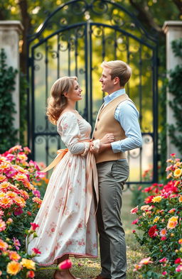 A cute and happy forbidden romance scene set in the Victorian era, featuring a handsome young man and a charming young woman