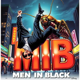 A vibrant movie poster inspired by the first 'Men in Black' movie featuring Agent J hanging upside down, looking cool and confident, while Agent K stands nearby, lifting up the large 3D letters 'MIB' that seem to be made of shiny metallic material