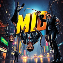 A vibrant movie poster inspired by the first 'Men in Black' movie featuring Agent J hanging upside down, looking cool and confident, while Agent K stands nearby, lifting up the large 3D letters 'MIB' that seem to be made of shiny metallic material