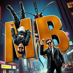A vibrant movie poster inspired by the first 'Men in Black' movie featuring Agent J hanging upside down, looking cool and confident, while Agent K stands nearby, lifting up the large 3D letters 'MIB' that seem to be made of shiny metallic material