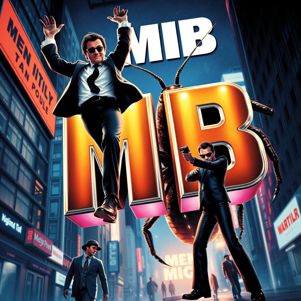 A vibrant movie poster inspired by the first 'Men in Black' movie featuring Agent J hanging upside down, looking cool and confident, while Agent K stands nearby, lifting up the large 3D letters 'MIB' that seem to be made of shiny metallic material
