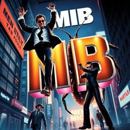 A vibrant movie poster inspired by the first 'Men in Black' movie featuring Agent J hanging upside down, looking cool and confident, while Agent K stands nearby, lifting up the large 3D letters 'MIB' that seem to be made of shiny metallic material