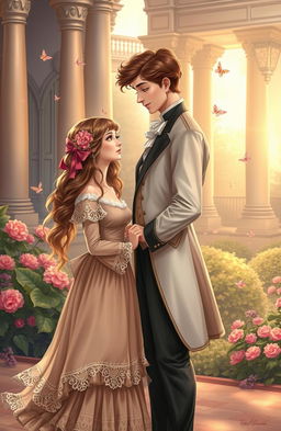 A charming Victorian-era scene depicting a forbidden romance between a poor girl and a wealthy young man