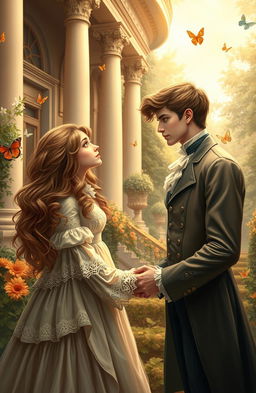 A charming Victorian-era scene depicting a forbidden romance between a poor girl and a wealthy young man