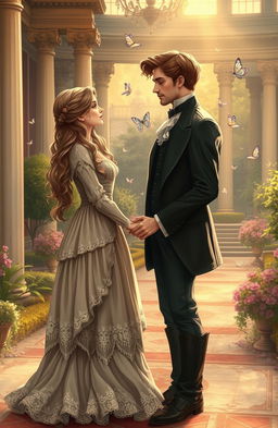 A charming Victorian-era scene depicting a forbidden romance between a poor girl and a wealthy young man