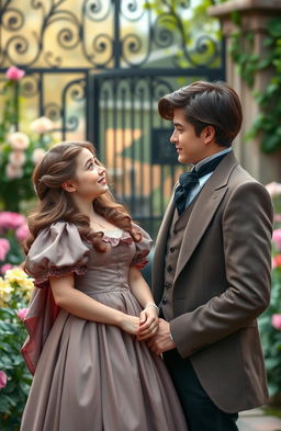 A cute, happy, forbidden romance scene set in the Victorian era