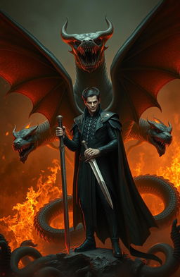 A dramatic scene depicting Lucifer in the fiery depths of Hell, holding a broken sword