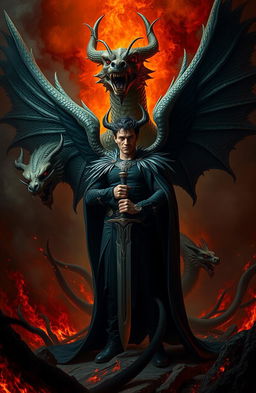 A dramatic scene depicting Lucifer in the fiery depths of Hell, holding a broken sword