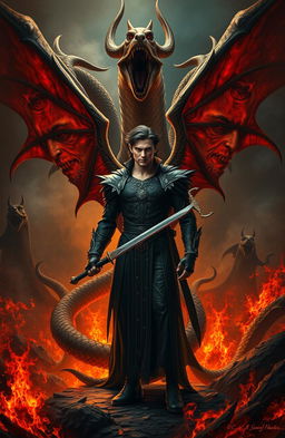 A dramatic scene depicting Lucifer in the fiery depths of Hell, holding a broken sword