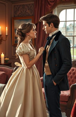 A romantic scene set in the Victorian era, featuring a cute yet tense encounter between a poor girl and a rich young man