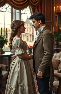 A romantic scene set in the Victorian era, featuring a cute yet tense encounter between a poor girl and a rich young man