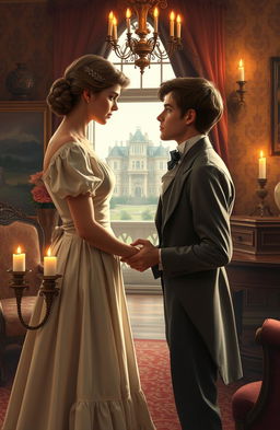 A romantic scene set in the Victorian era, featuring a cute yet tense encounter between a poor girl and a rich young man