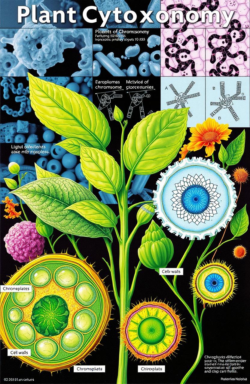 A detailed illustration showcasing the concept of plant cytotaxonomy, featuring various plant species with a focus on their cellular structures