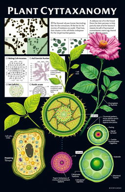 A detailed illustration showcasing the concept of plant cytotaxonomy, featuring various plant species with a focus on their cellular structures