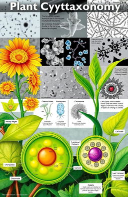 A detailed illustration showcasing the concept of plant cytotaxonomy, featuring various plant species with a focus on their cellular structures