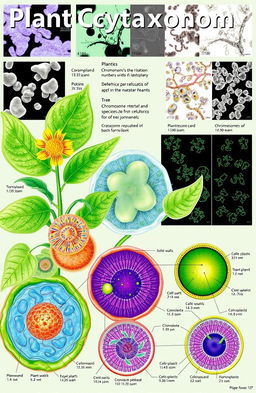 A detailed illustration showcasing the concept of plant cytotaxonomy, featuring various plant species with a focus on their cellular structures