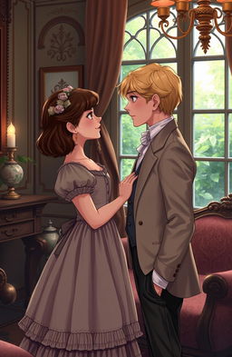A charming Victorian-era scene illustrating a forbidden romance between a cute brunette girl representing the poor class and a handsome blonde boy from the wealthy elite