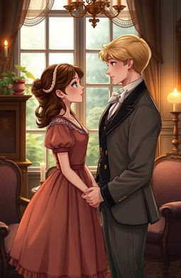A charming Victorian-era scene illustrating a forbidden romance between a cute brunette girl representing the poor class and a handsome blonde boy from the wealthy elite