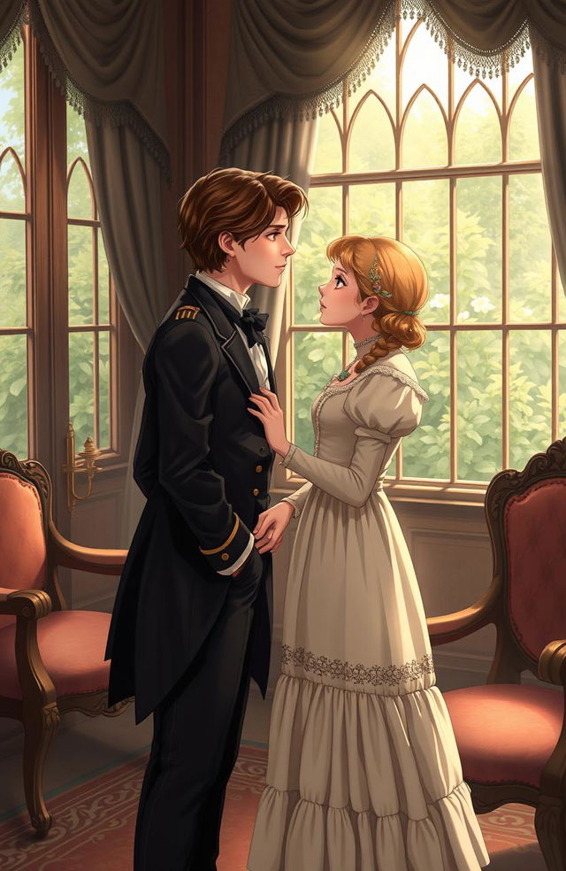 A charming Victorian-era scene illustrating a forbidden romance between a cute brunette girl representing the poor class and a handsome blonde boy from the wealthy elite