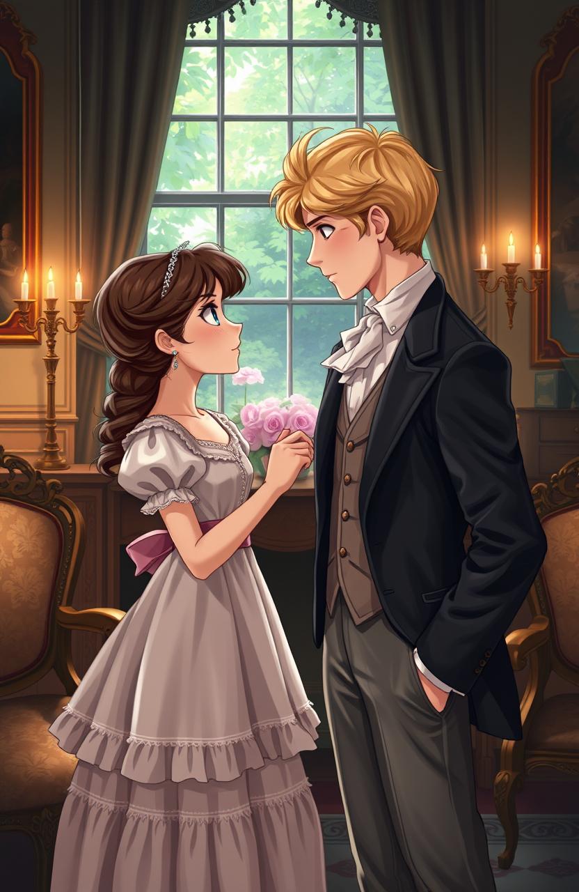 A charming Victorian-era scene illustrating a forbidden romance between a cute brunette girl representing the poor class and a handsome blonde boy from the wealthy elite