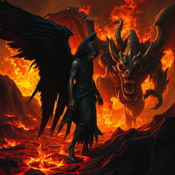 A dramatic scene depicting a fallen angel, with dark, tattered wings and a sorrowful expression, standing defiantly against a large, fearsome monster in the fiery depths of hell