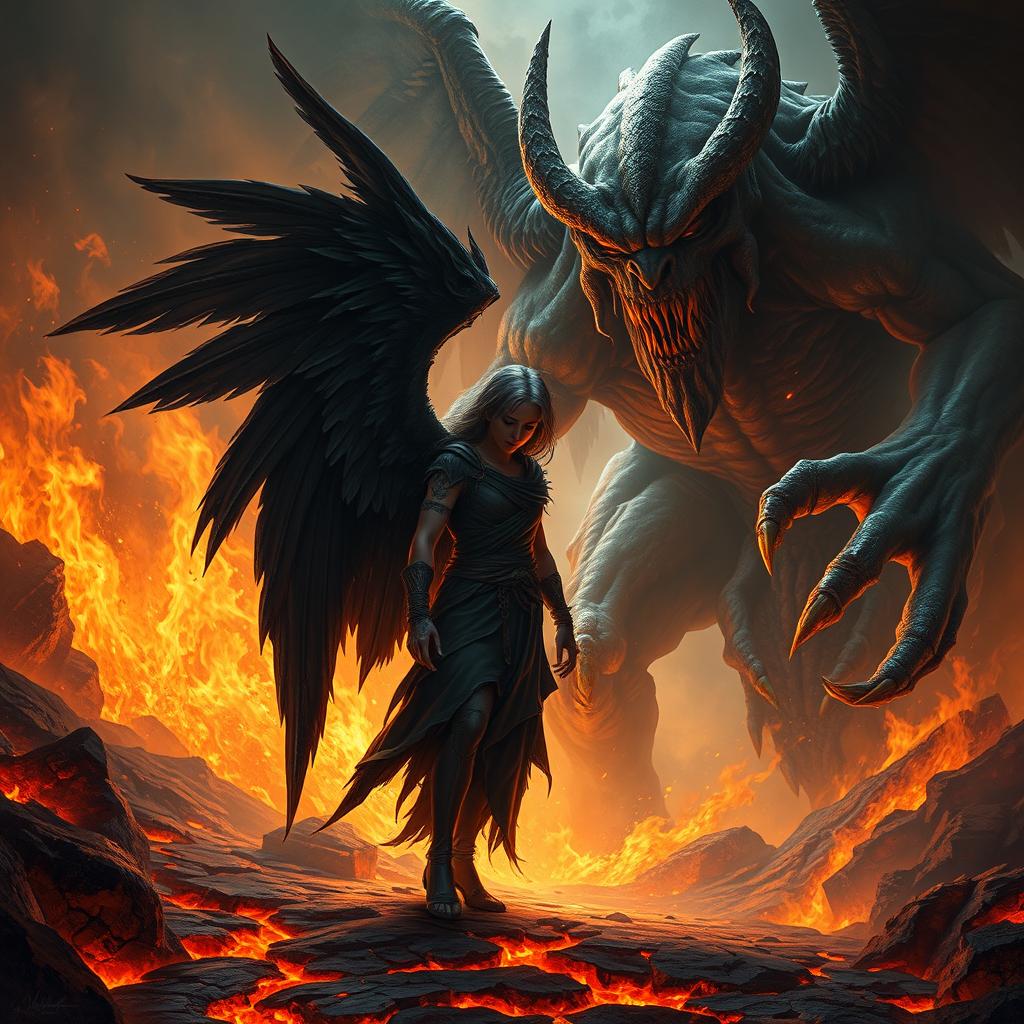 A dramatic scene depicting a fallen angel, with dark, tattered wings and a sorrowful expression, standing defiantly against a large, fearsome monster in the fiery depths of hell