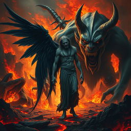 A dramatic scene depicting a fallen angel, with dark, tattered wings and a sorrowful expression, standing defiantly against a large, fearsome monster in the fiery depths of hell
