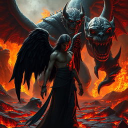A dramatic scene depicting a fallen angel, with dark, tattered wings and a sorrowful expression, standing defiantly against a large, fearsome monster in the fiery depths of hell