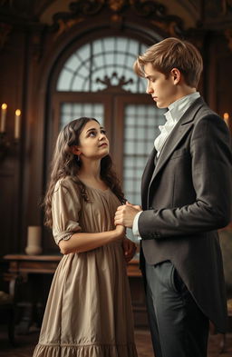 In a Victorian era setting, capture a scene of a forbidden romance between a cute brunette poor girl and a charming blonde rich guy