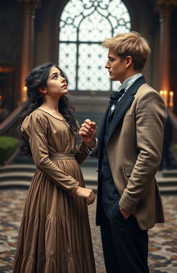 In a Victorian era setting, capture a scene of a forbidden romance between a cute brunette poor girl and a charming blonde rich guy