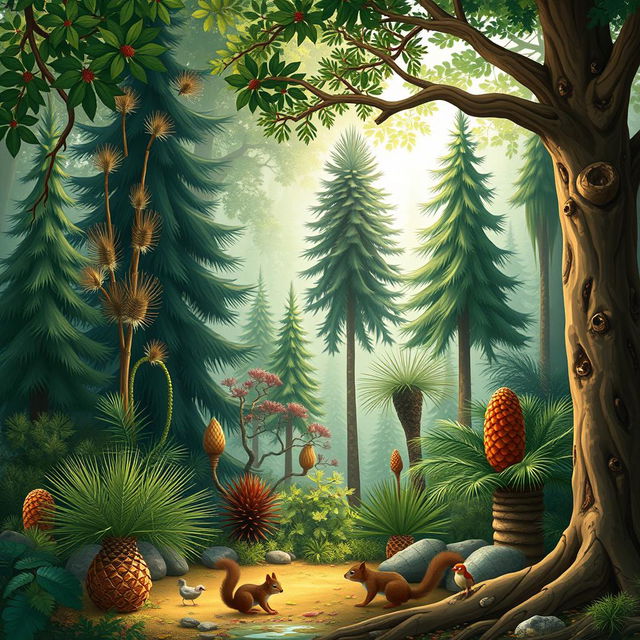 An artistic representation of gymnospermae, showcasing various species of gymnosperms like conifers, ginkgo, and cycads in a natural habitat