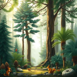 An artistic representation of gymnospermae, showcasing various species of gymnosperms like conifers, ginkgo, and cycads in a natural habitat