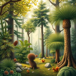 An artistic representation of gymnospermae, showcasing various species of gymnosperms like conifers, ginkgo, and cycads in a natural habitat