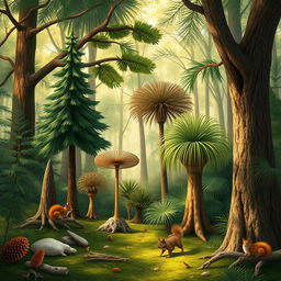 An artistic representation of gymnospermae, showcasing various species of gymnosperms like conifers, ginkgo, and cycads in a natural habitat