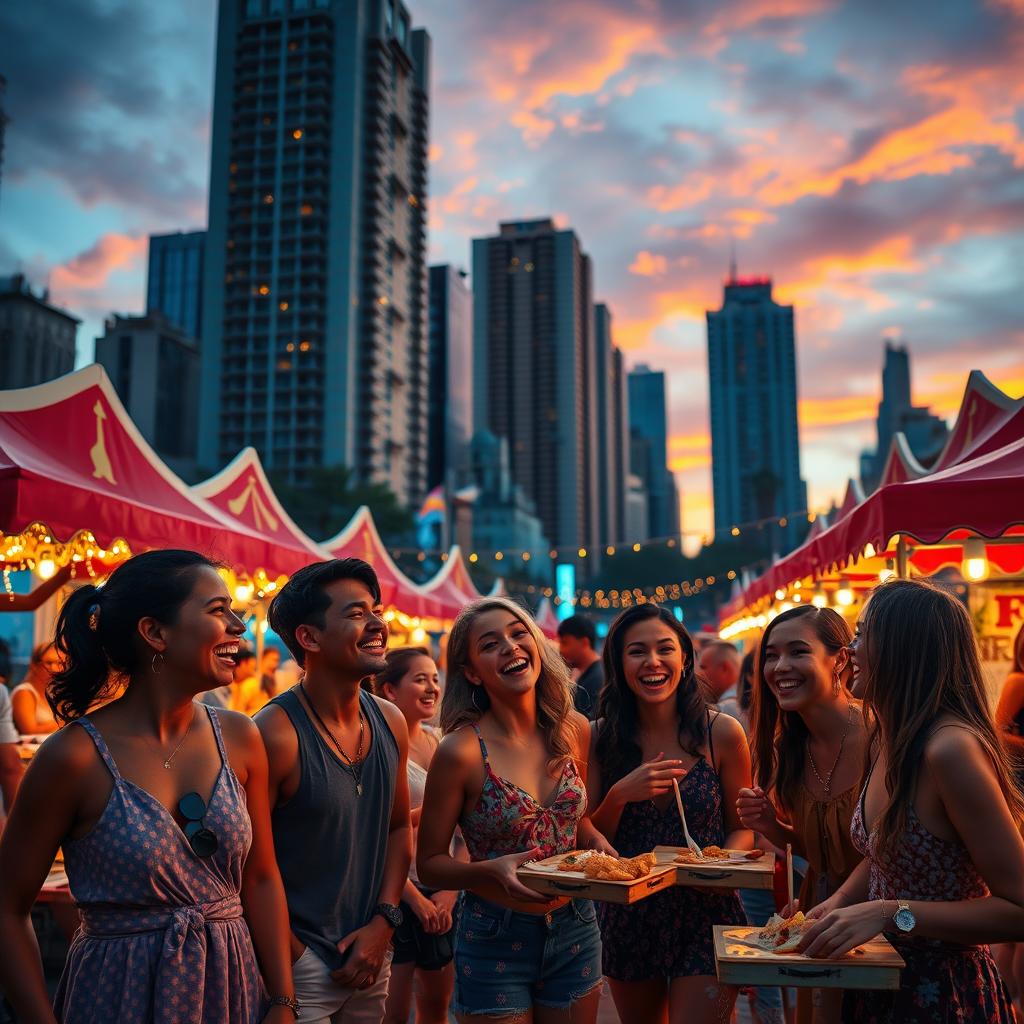 A vibrant movie scene set in a bustling city during sunset, showcasing a diverse group of enthusiastic friends laughing and enjoying street food at an outdoor festival