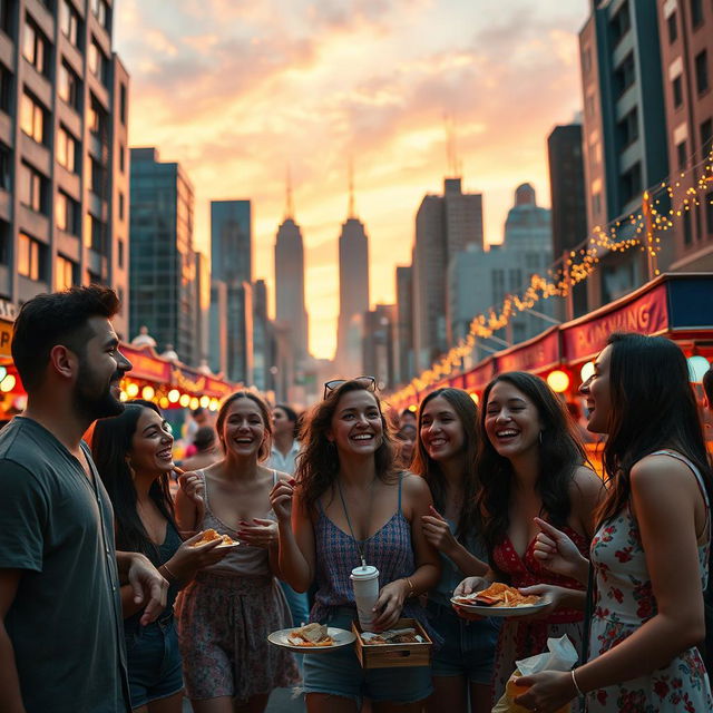 A vibrant movie scene set in a bustling city during sunset, showcasing a diverse group of enthusiastic friends laughing and enjoying street food at an outdoor festival