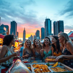 A vibrant movie scene set in a bustling city during sunset, showcasing a diverse group of enthusiastic friends laughing and enjoying street food at an outdoor festival