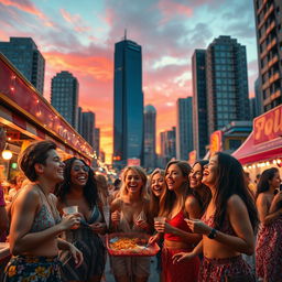 A vibrant movie scene set in a bustling city during sunset, showcasing a diverse group of enthusiastic friends laughing and enjoying street food at an outdoor festival