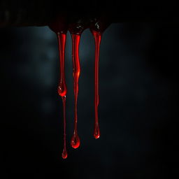 A close-up view of bright red blood dripping from a rusted metal surface, with dark shadows creating a moody atmosphere