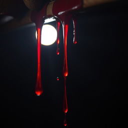 A close-up view of bright red blood dripping from a rusted metal surface, with dark shadows creating a moody atmosphere