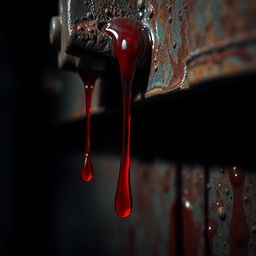A close-up view of bright red blood dripping from a rusted metal surface, with dark shadows creating a moody atmosphere