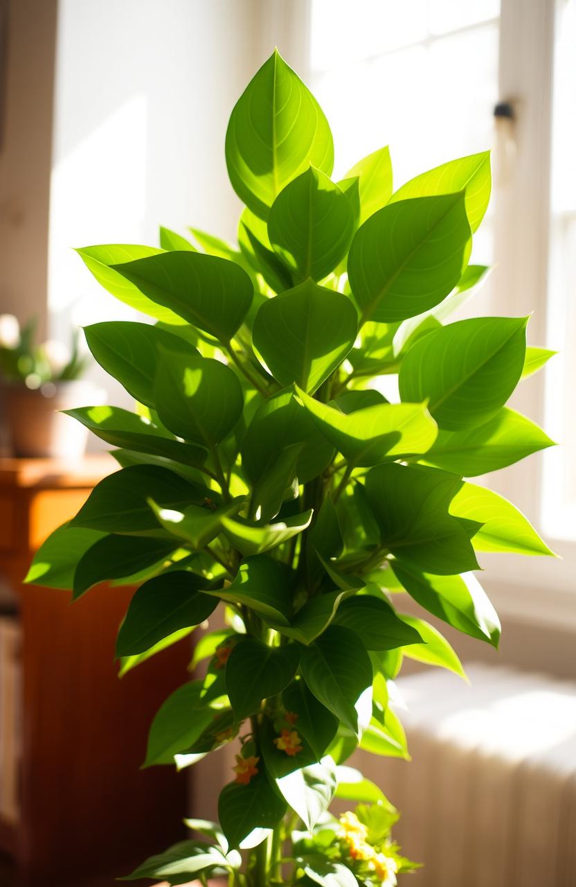 A lush, vibrant green plant with large, glossy leaves, standing in a bright indoor setting