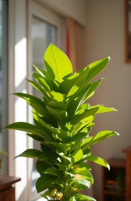 A lush, vibrant green plant with large, glossy leaves, standing in a bright indoor setting