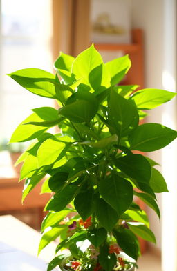 A lush, vibrant green plant with large, glossy leaves, standing in a bright indoor setting