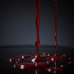 A close-up view of deep red blood droplets dripping onto a shiny surface, creating a vivid contrast against the backdrop