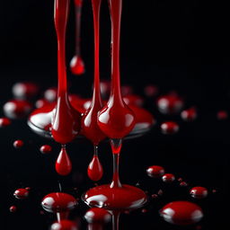 A close-up view of deep red blood droplets dripping onto a shiny surface, creating a vivid contrast against the backdrop