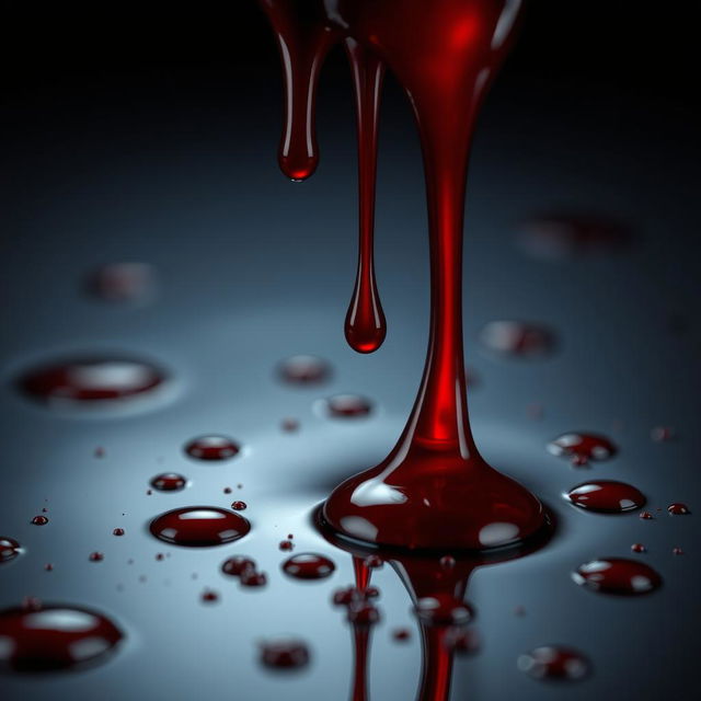 A close-up view of deep red blood droplets dripping onto a shiny surface, creating a vivid contrast against the backdrop